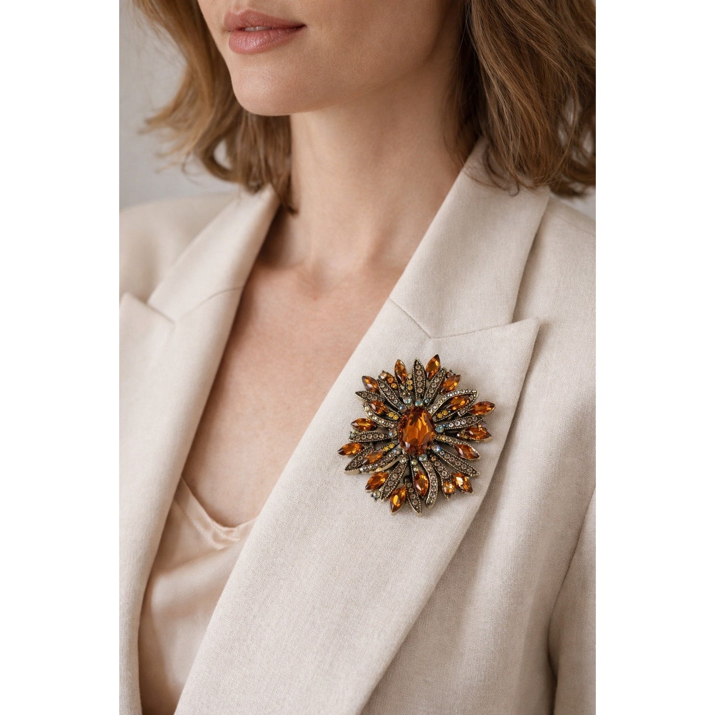 Vintage Amber Rhinestone Brooch Statement Pin Gold Tone AB Crystal 2.5”