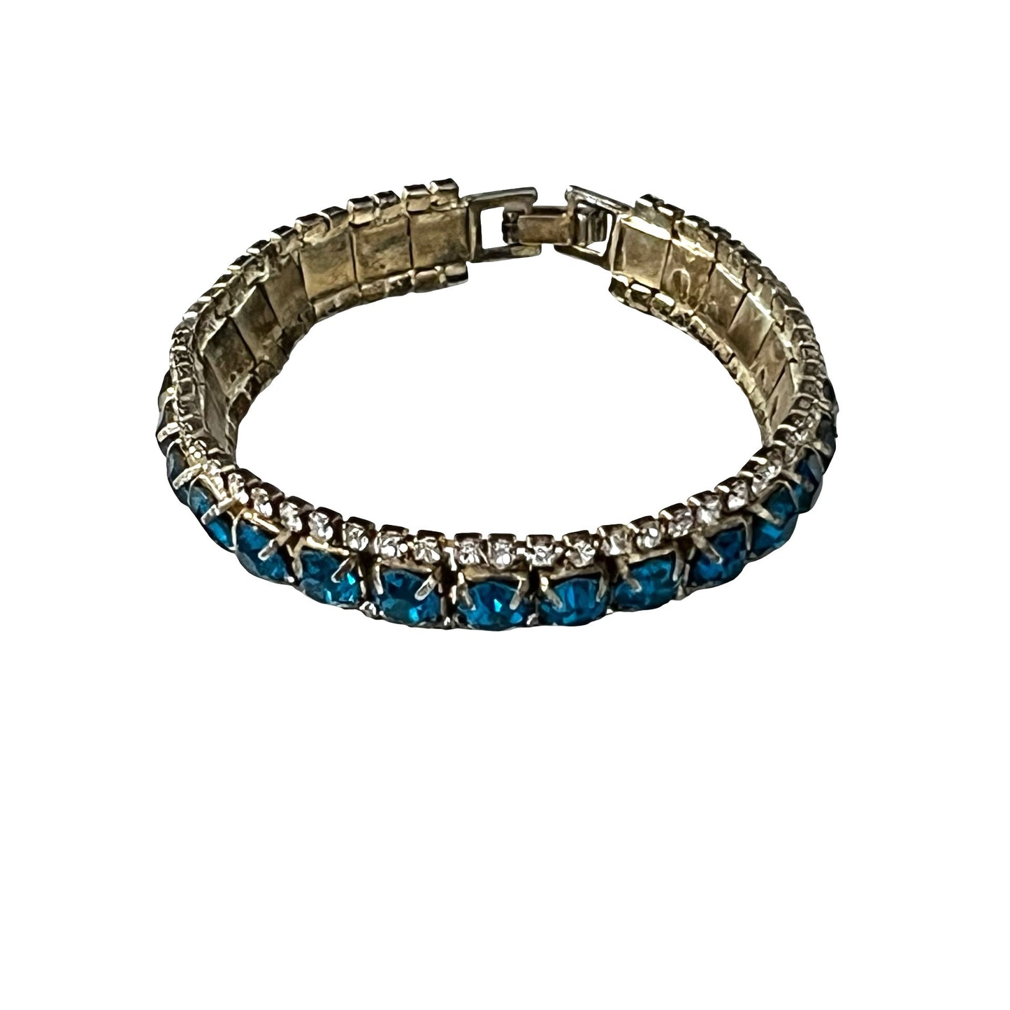 Vintage Blue Rhinestone Tennis Bracelet Double Row Silver Tone 6.5 Inch Retro