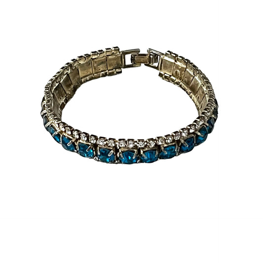 Vintage Blue Rhinestone Tennis Bracelet Double Row Silver Tone 6.5 Inch Retro