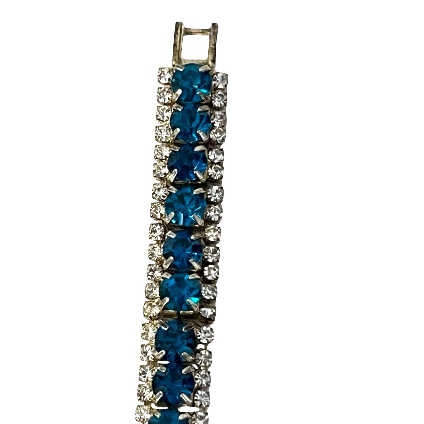 Vintage Blue Rhinestone Tennis Bracelet Double Row Silver Tone 6.5 Inch Retro