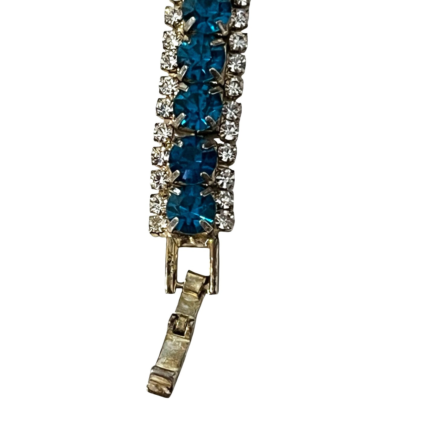 Vintage Blue Rhinestone Tennis Bracelet Double Row Silver Tone 6.5 Inch Retro