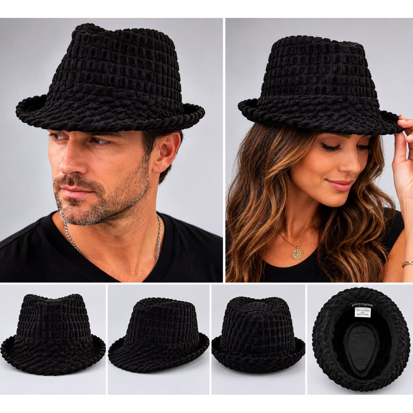 Peter Grimm Black Textured Fedora Hat Size L/XL Polyester Casual Fashion Hat