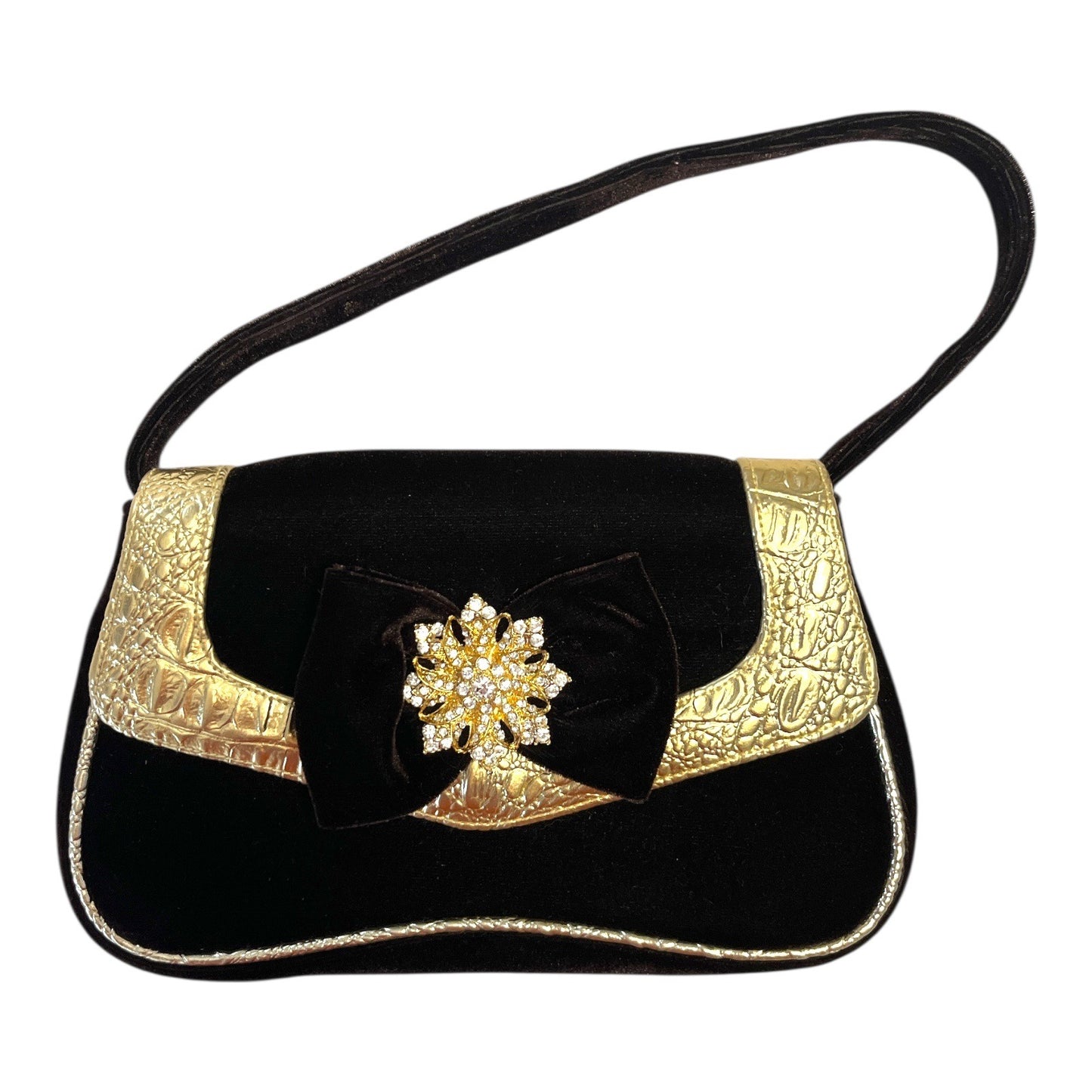 Vintage Kate Landry Dark Brown Velvet Evening Bag Gold Trim Rhinestone Bow