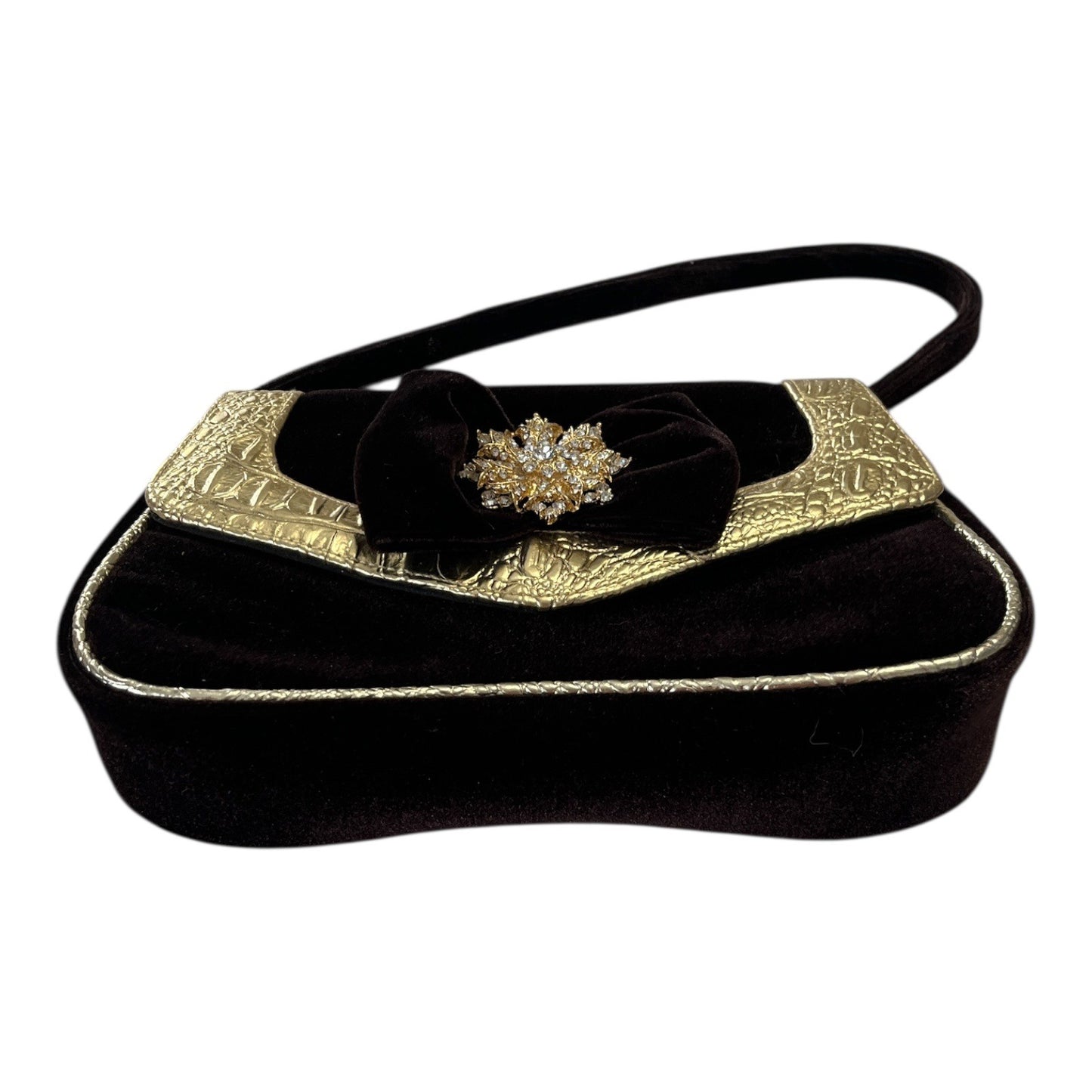 Vintage Kate Landry Dark Brown Velvet Evening Bag Gold Trim Rhinestone Bow
