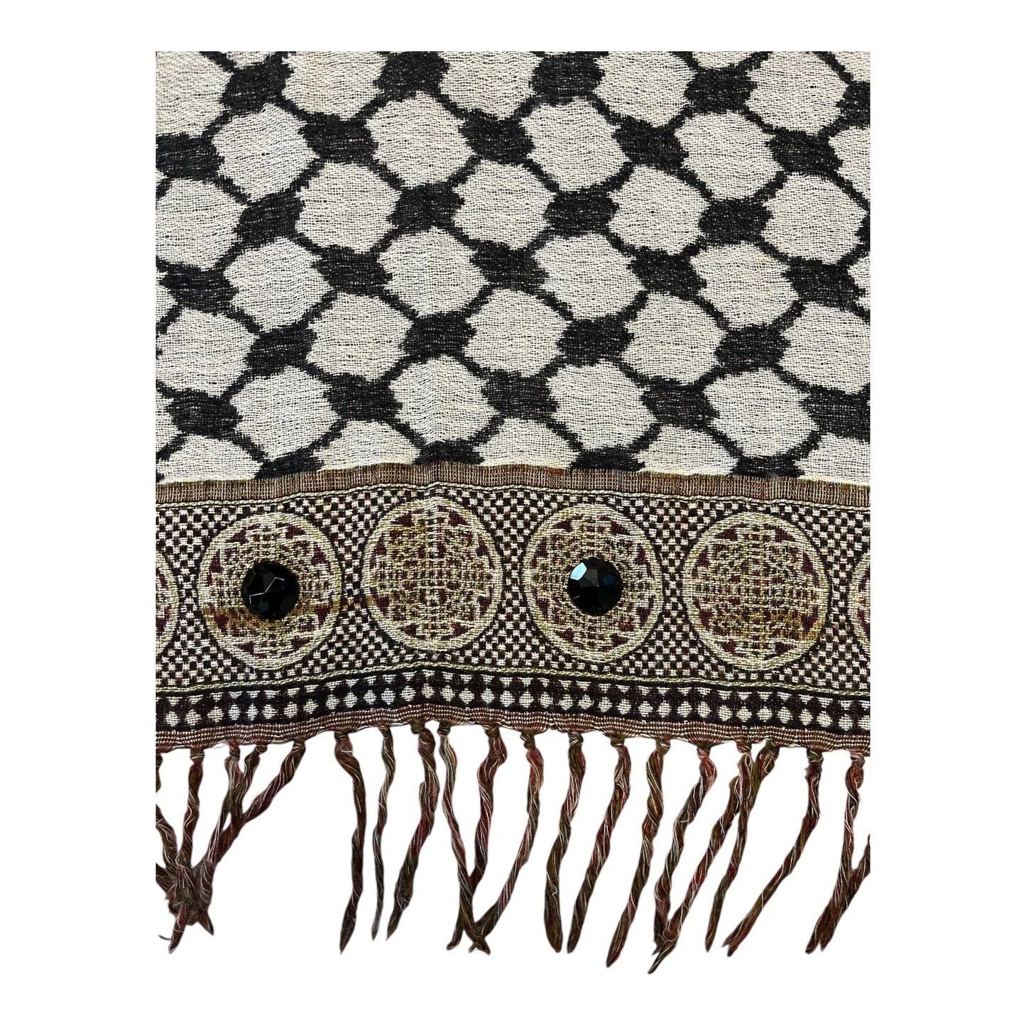 1980s–1990s Black & White Woven Shawl with Decorative Faceted Black Gems