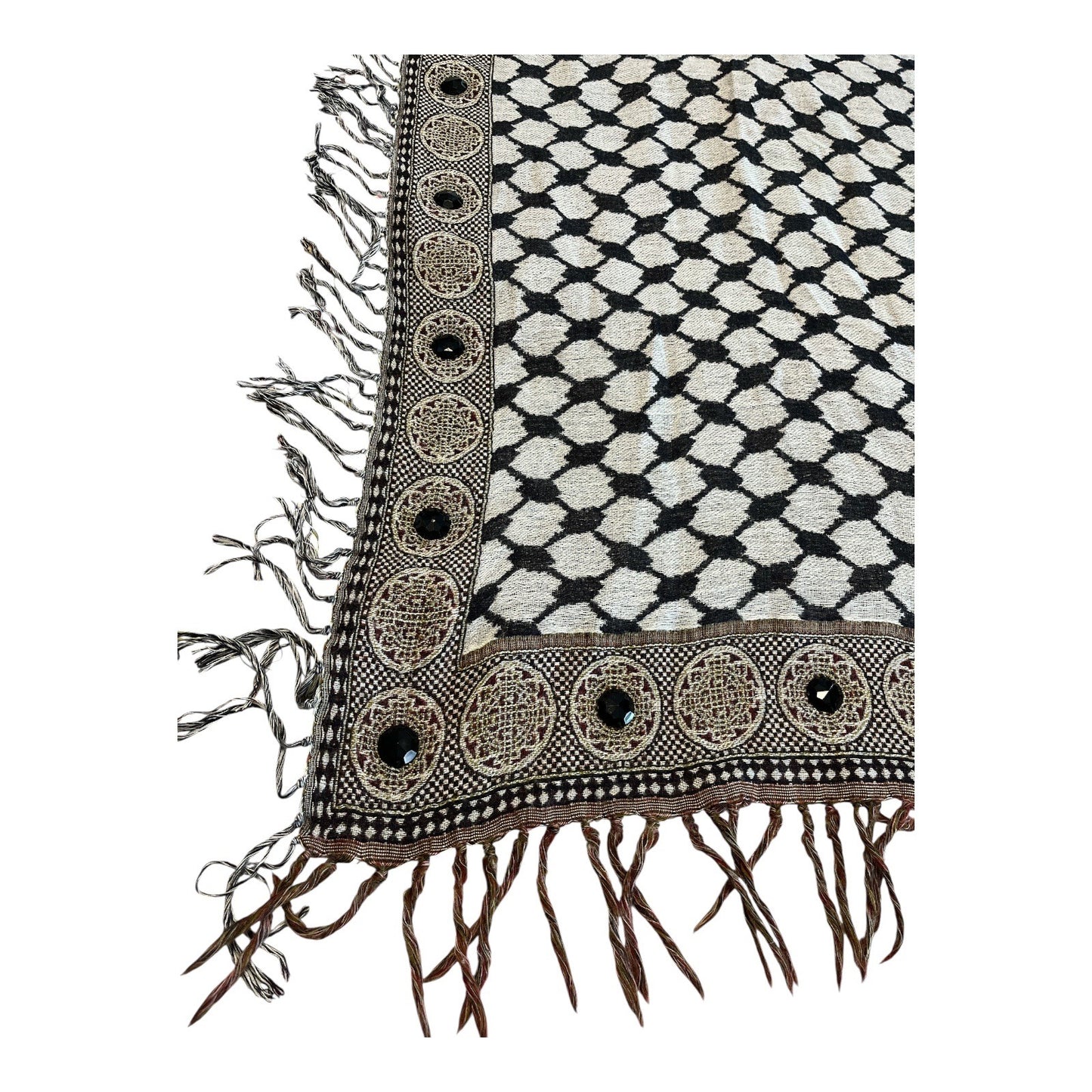 1980s–1990s Black & White Woven Shawl with Decorative Faceted Black Gems