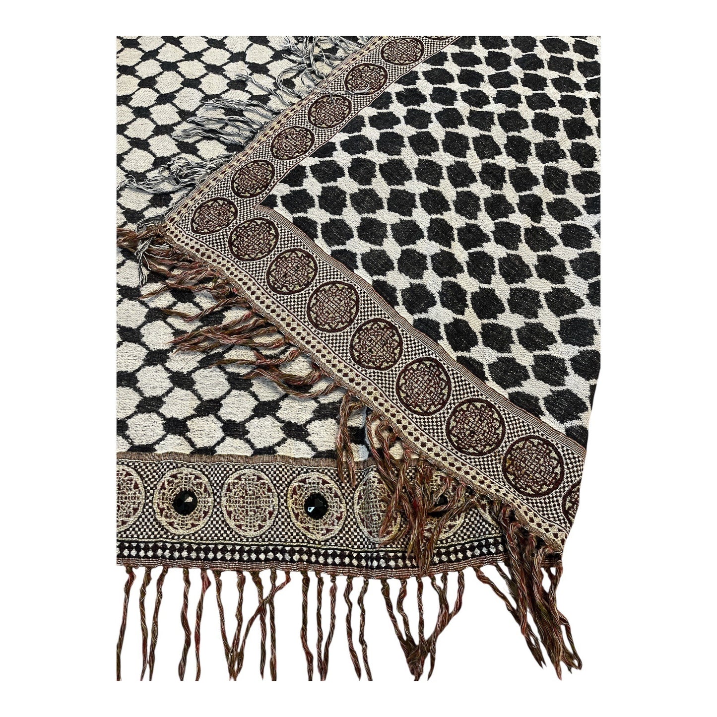 1980s–1990s Black & White Woven Shawl with Decorative Faceted Black Gems