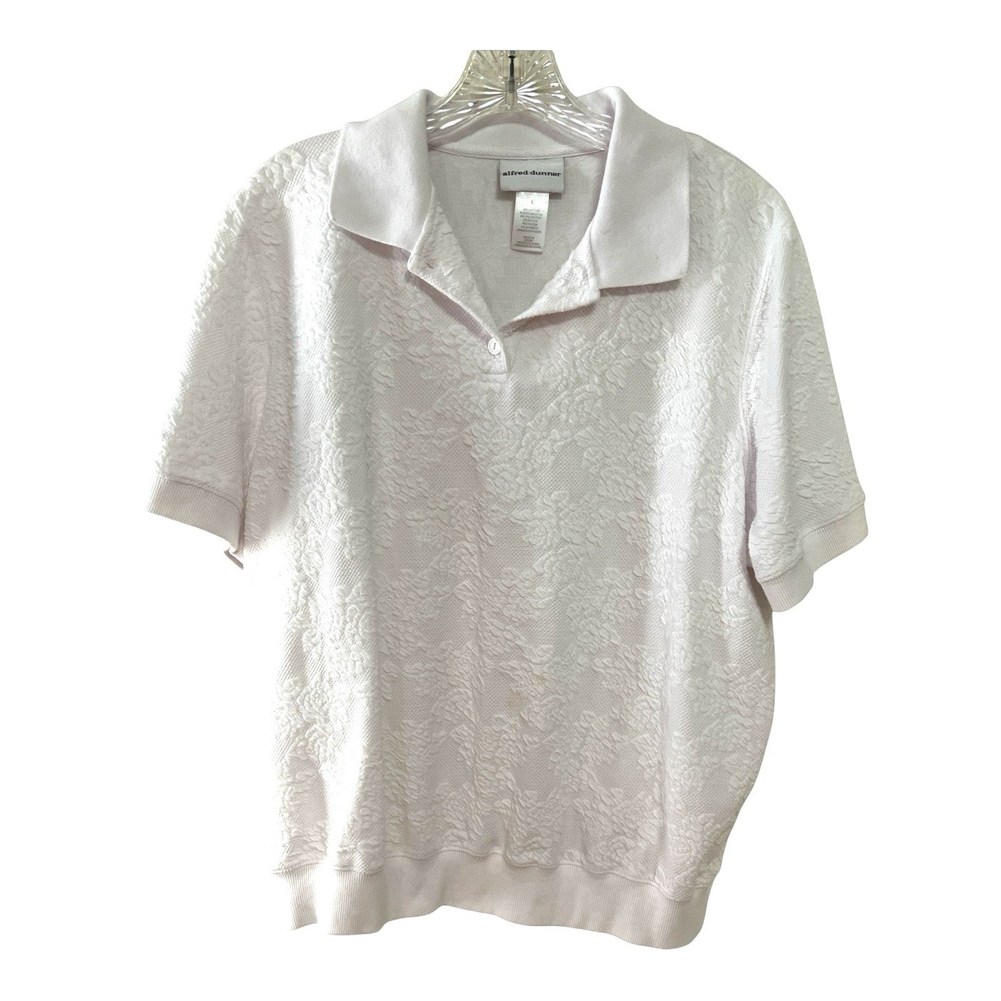 Alfred Dunner Women’s Size L Textured Knit Polo Top – White Floral Jacquard