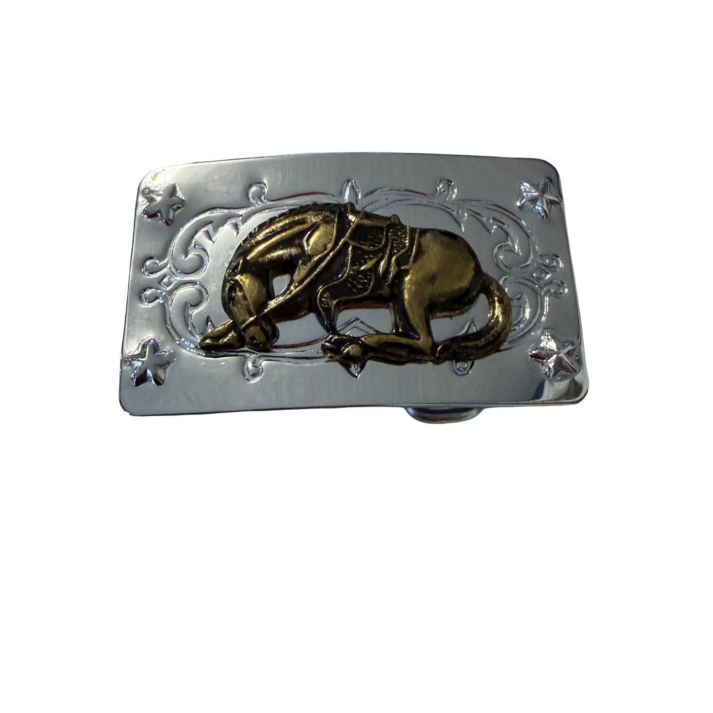 Vintage Kneeling Horse Belt Buckle Western Scrollwork Silver Tone Hong Kong
