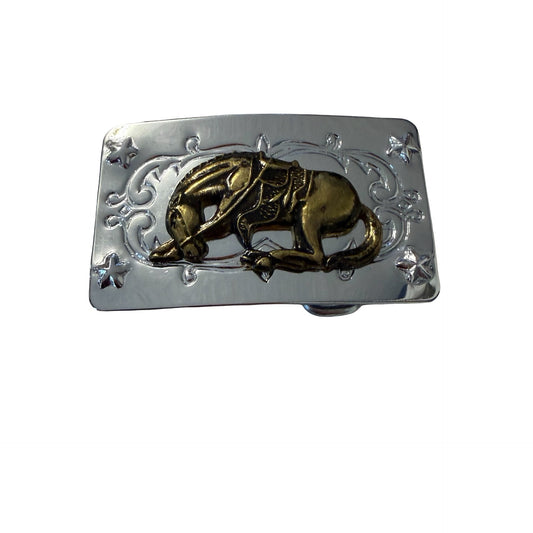 Vintage Kneeling Horse Belt Buckle Western Scrollwork Silver Tone Hong Kong