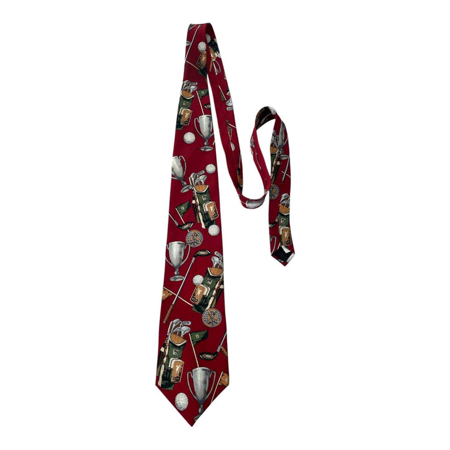 Vtg 1990s Spencer & Lowe Golf Themed Silk Necktie – Red Trophy & Clubs Print