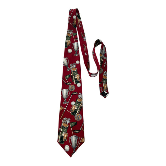Vtg 1990s Spencer & Lowe Golf Themed Silk Necktie – Red Trophy & Clubs Print