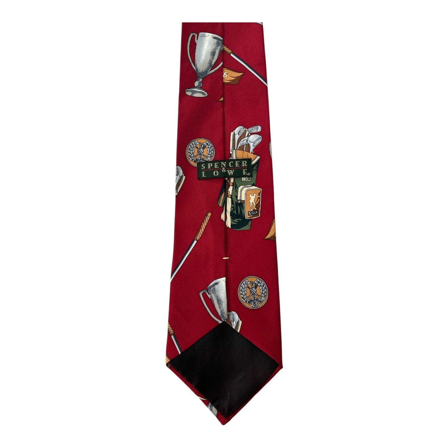 Vtg 1990s Spencer & Lowe Golf Themed Silk Necktie – Red Trophy & Clubs Print
