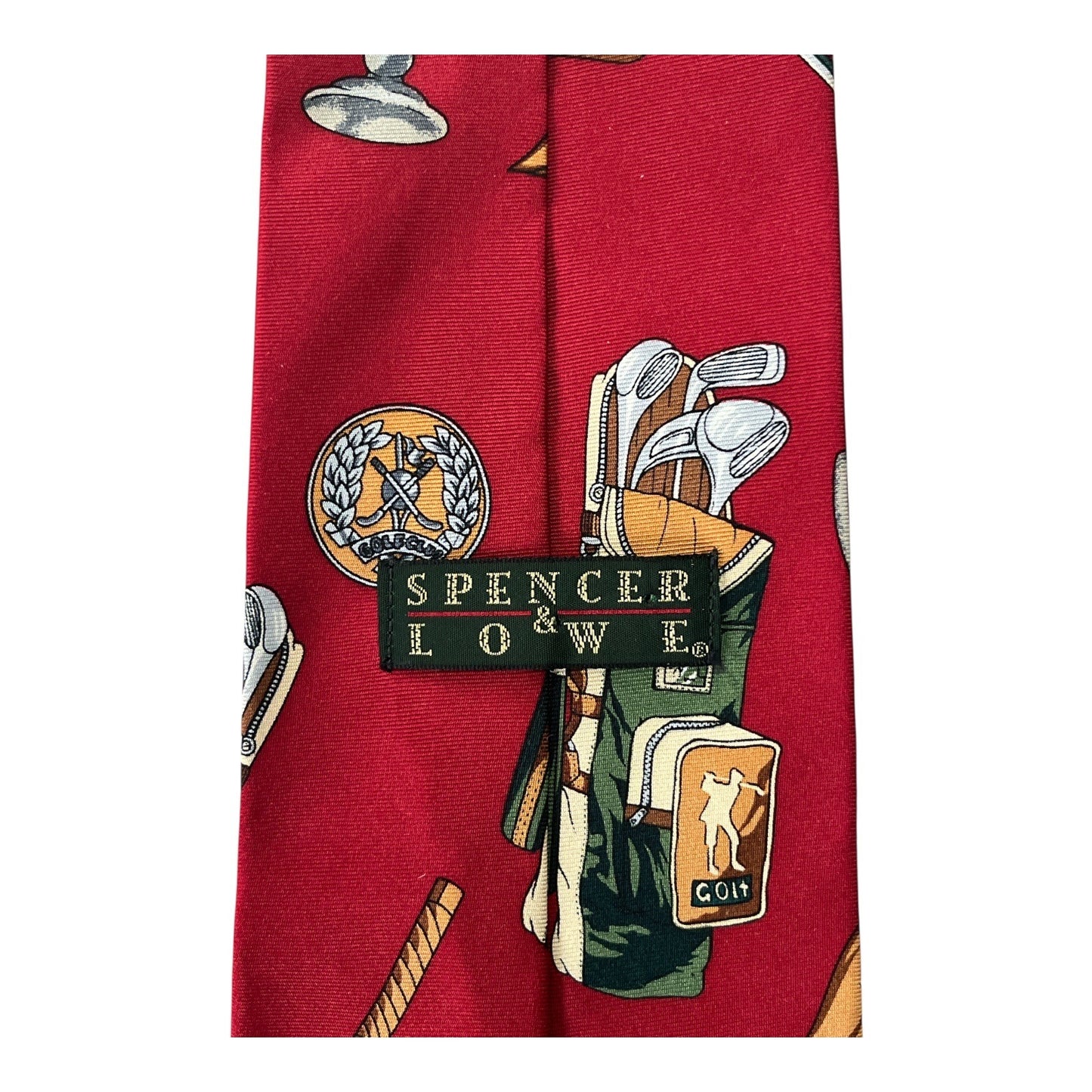 Vtg 1990s Spencer & Lowe Golf Themed Silk Necktie – Red Trophy & Clubs Print