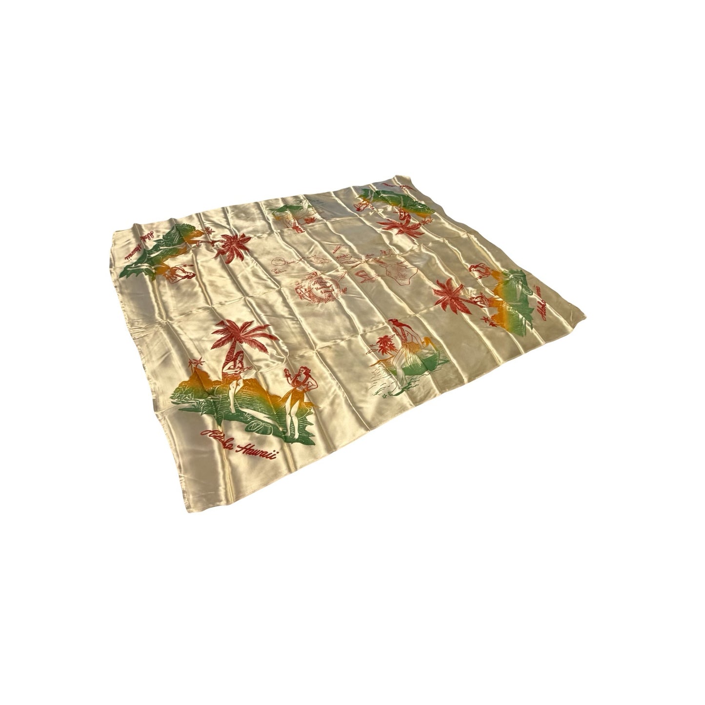 Vintage Aloha From Hawaiian Islands Satin Souvenir Scarf Hawaii Map Hula Girls