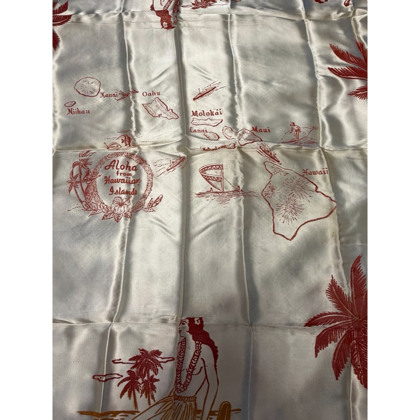 Vintage Aloha From Hawaiian Islands Satin Souvenir Scarf Hawaii Map Hula Girls