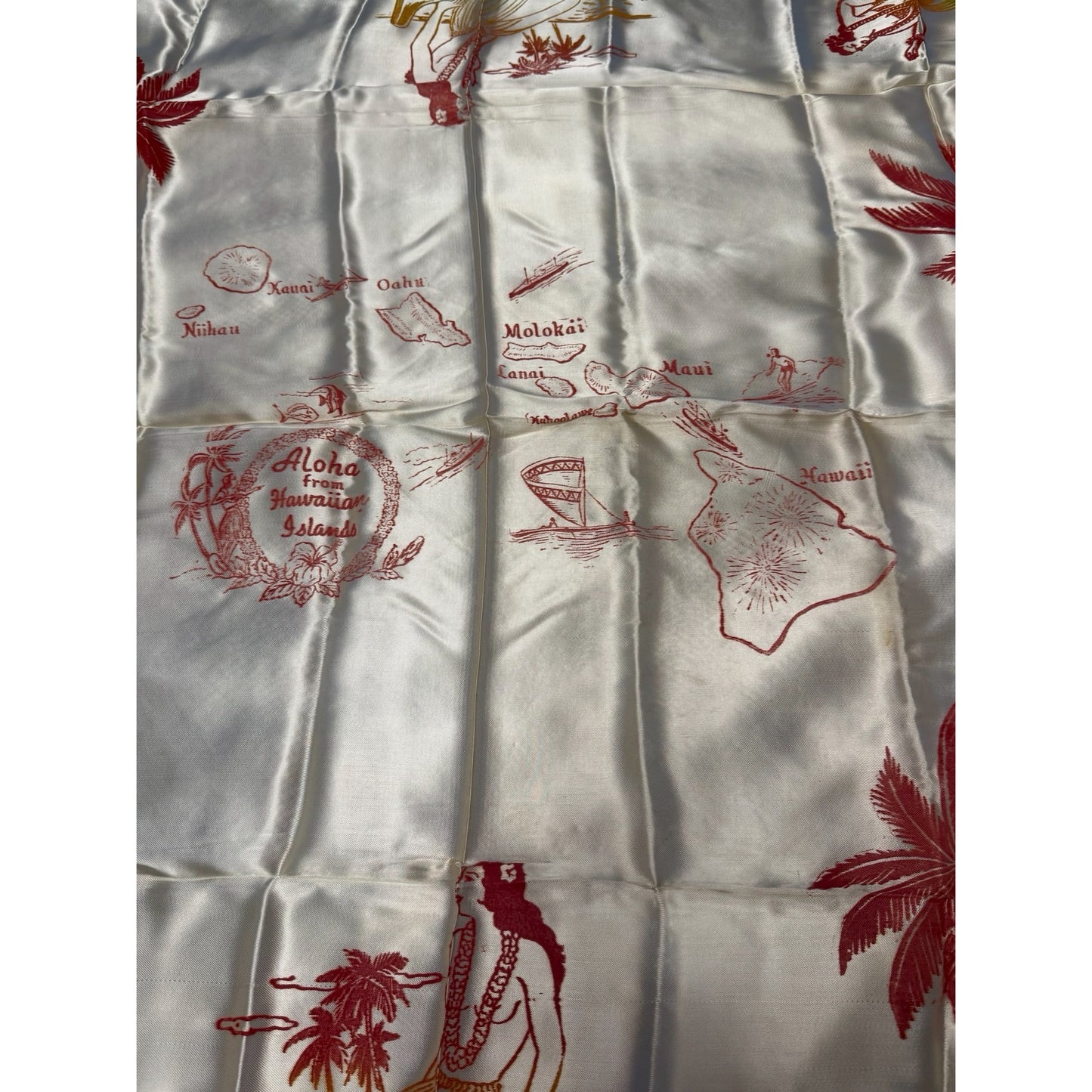 Vintage Aloha From Hawaiian Islands Satin Souvenir Scarf Hawaii Map Hula Girls