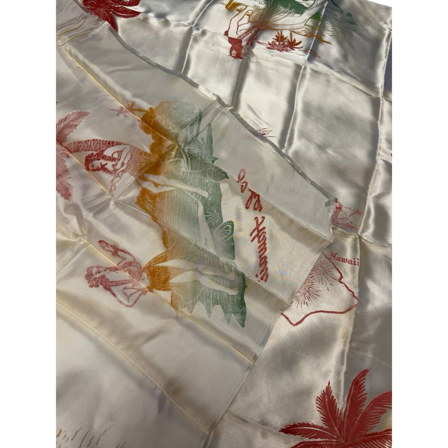Vintage Aloha From Hawaiian Islands Satin Souvenir Scarf Hawaii Map Hula Girls