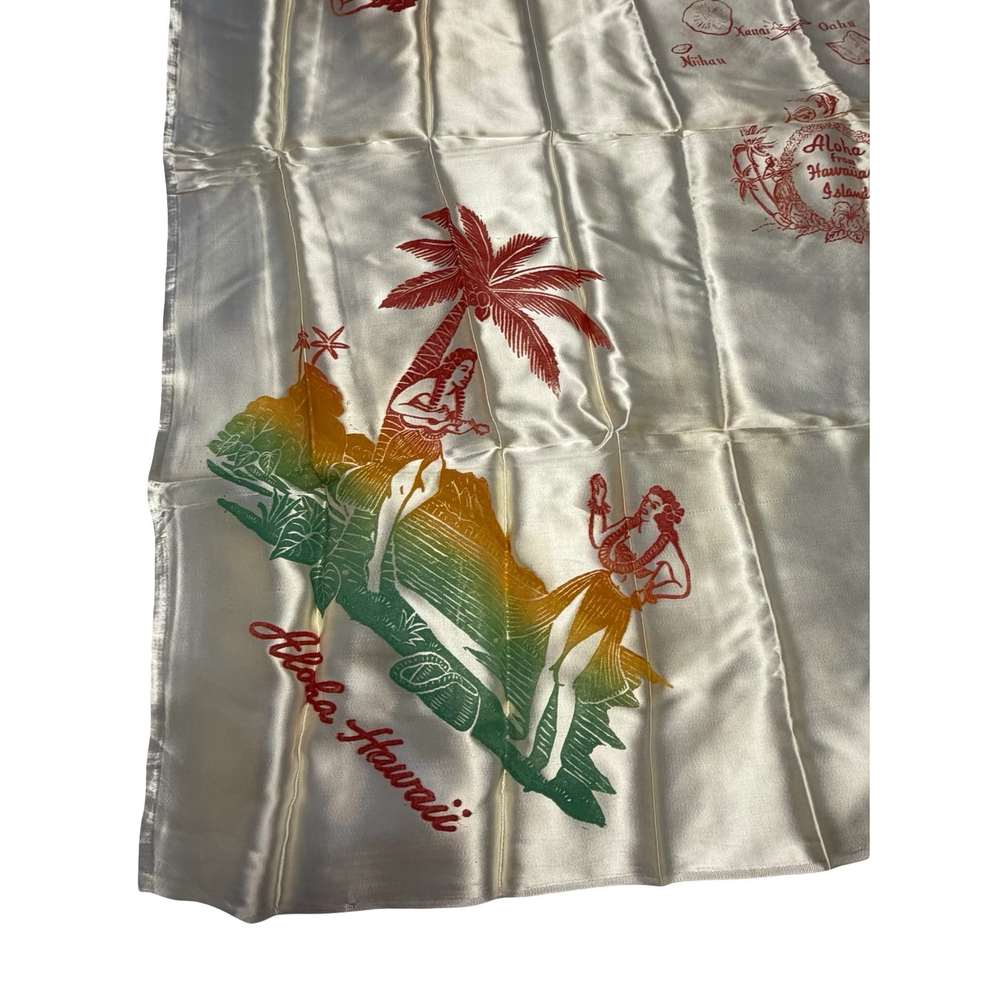 Vintage Aloha From Hawaiian Islands Satin Souvenir Scarf Hawaii Map Hula Girls