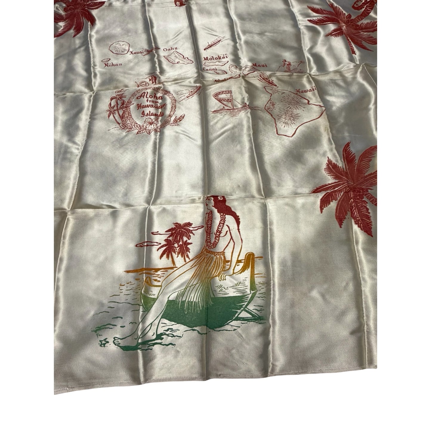 Vintage Aloha From Hawaiian Islands Satin Souvenir Scarf Hawaii Map Hula Girls
