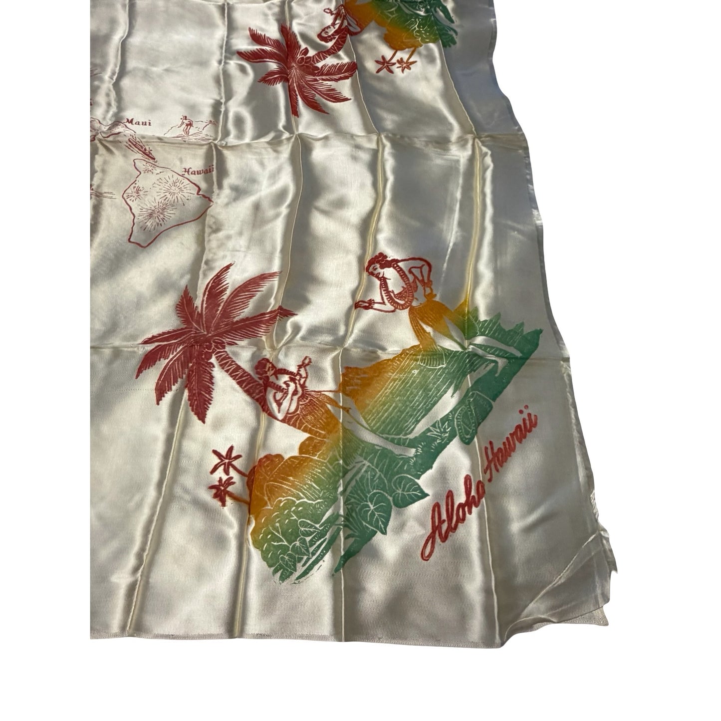 Vintage Aloha From Hawaiian Islands Satin Souvenir Scarf Hawaii Map Hula Girls