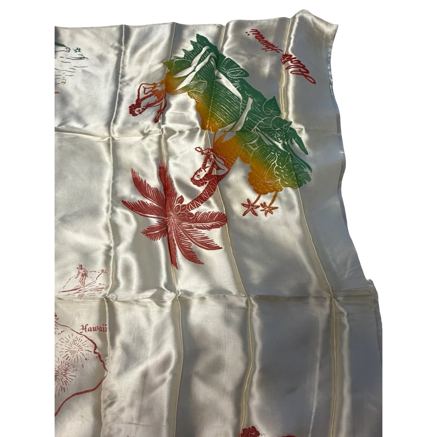 Vintage Aloha From Hawaiian Islands Satin Souvenir Scarf Hawaii Map Hula Girls
