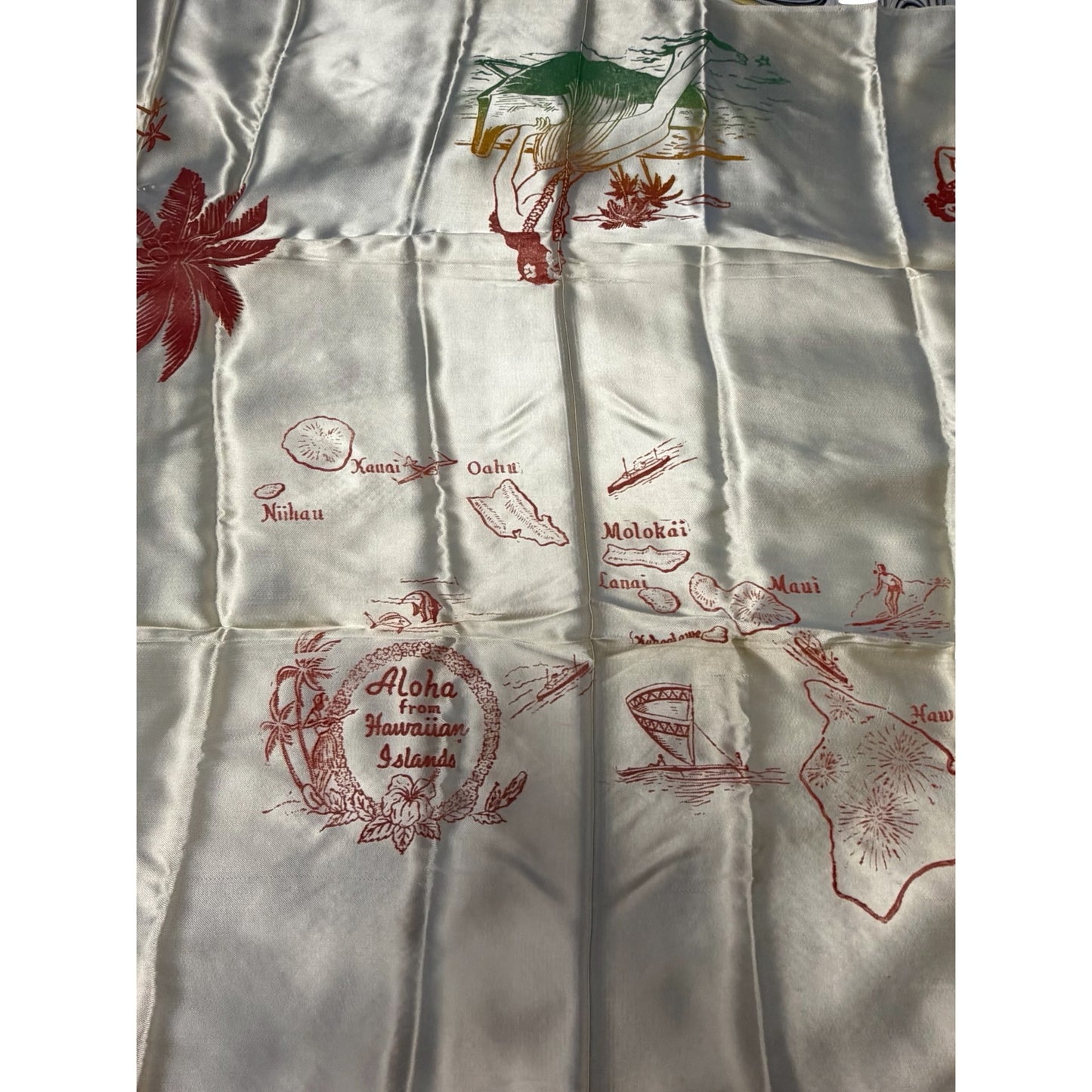 Vintage Aloha From Hawaiian Islands Satin Souvenir Scarf Hawaii Map Hula Girls