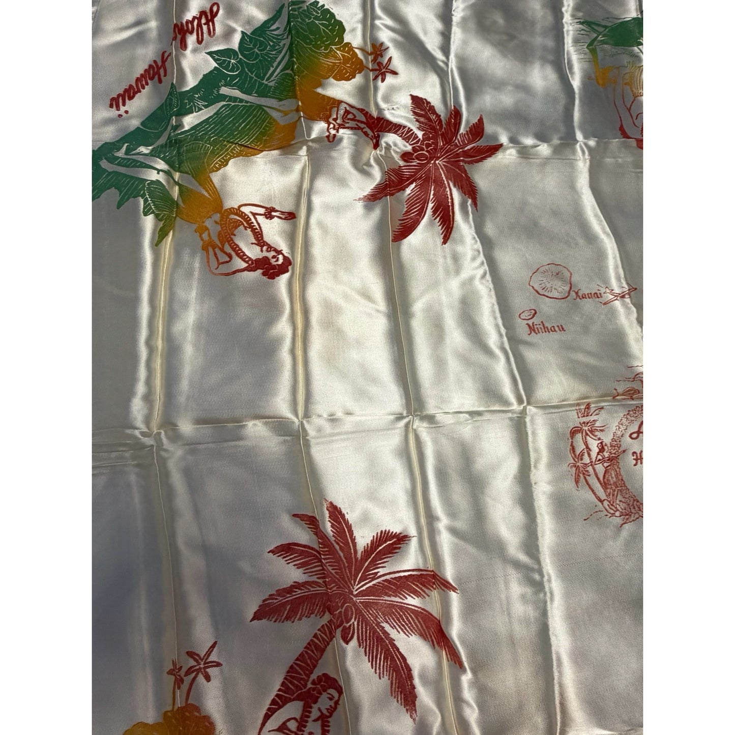 Vintage Aloha From Hawaiian Islands Satin Souvenir Scarf Hawaii Map Hula Girls