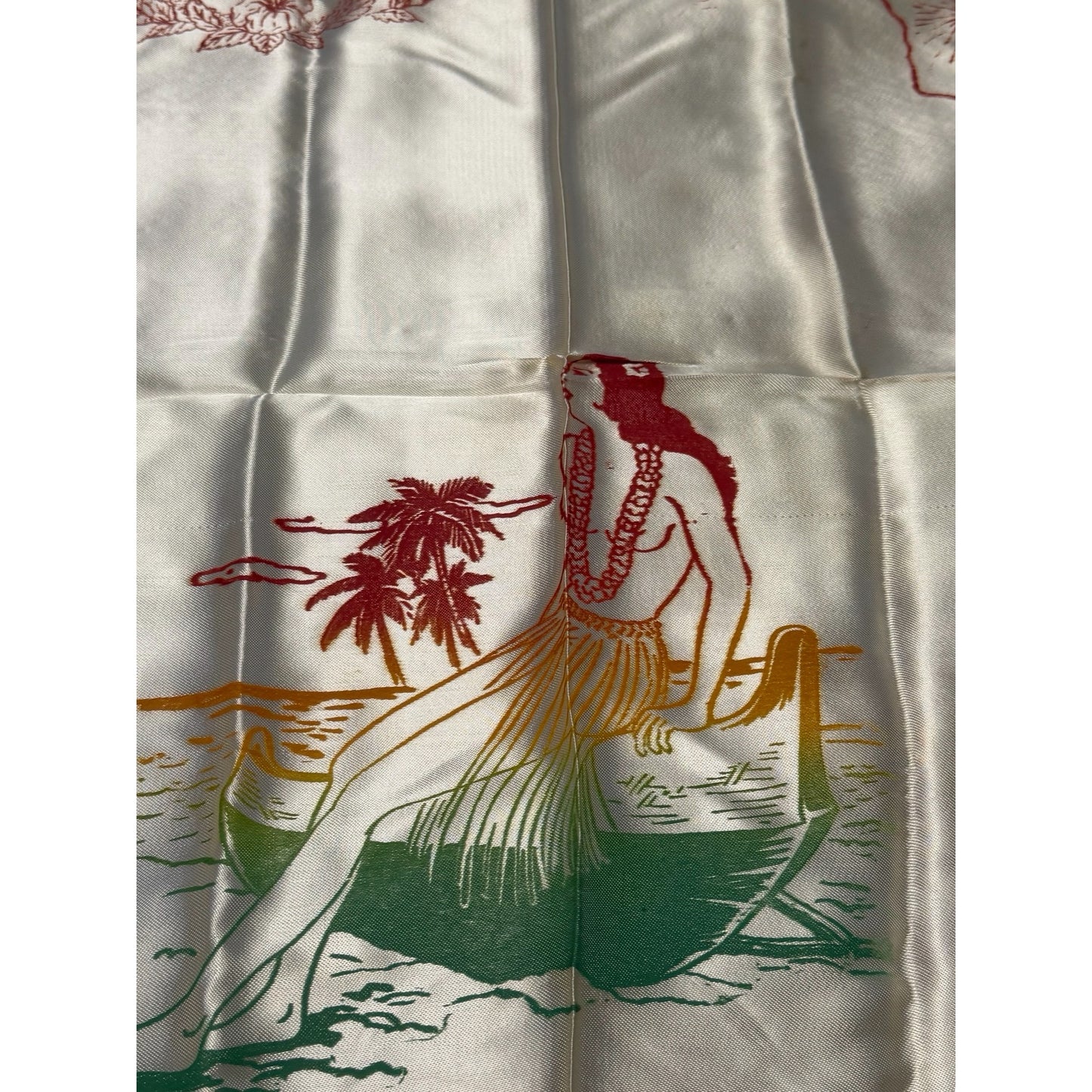 Vintage Aloha From Hawaiian Islands Satin Souvenir Scarf Hawaii Map Hula Girls