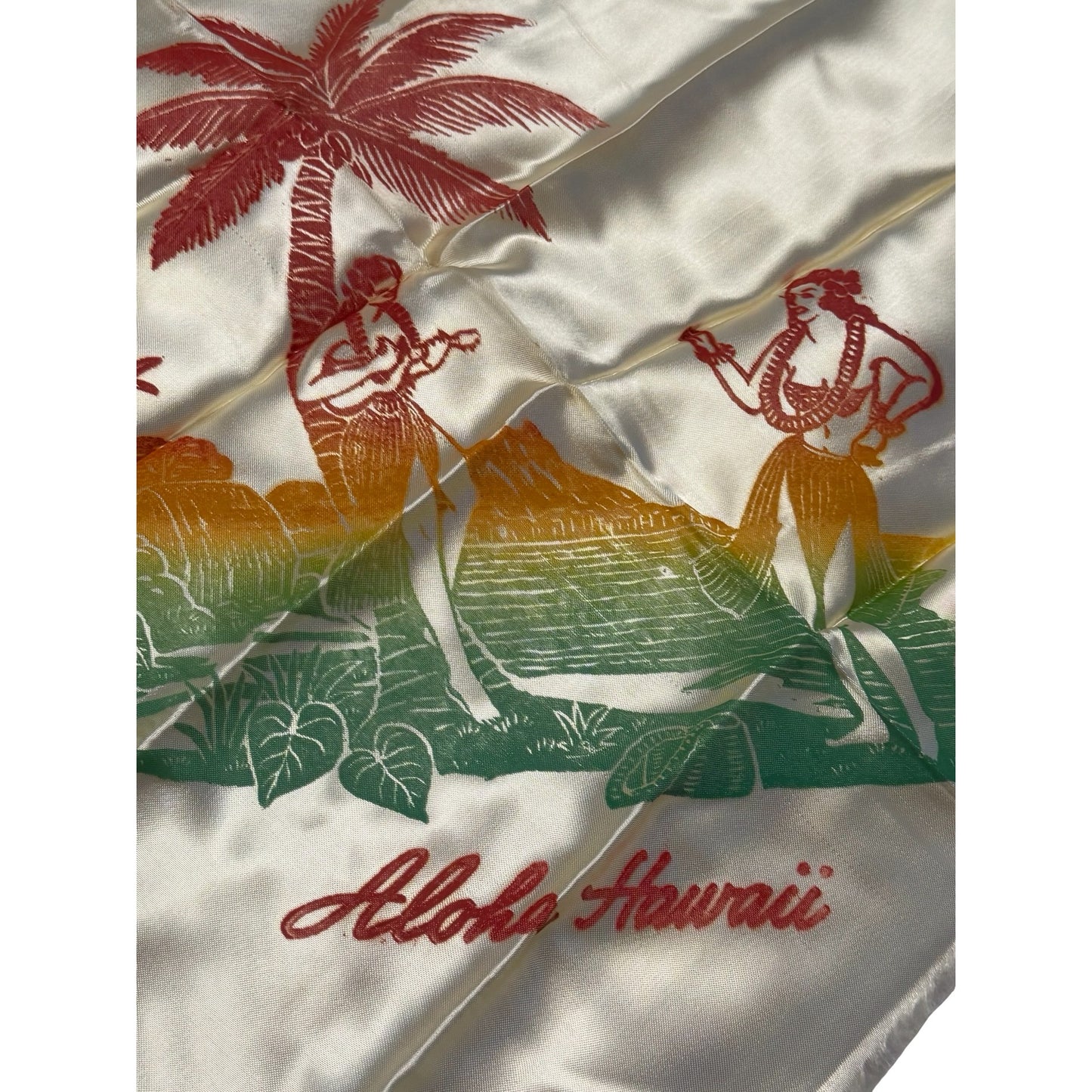 Vintage Aloha From Hawaiian Islands Satin Souvenir Scarf Hawaii Map Hula Girls