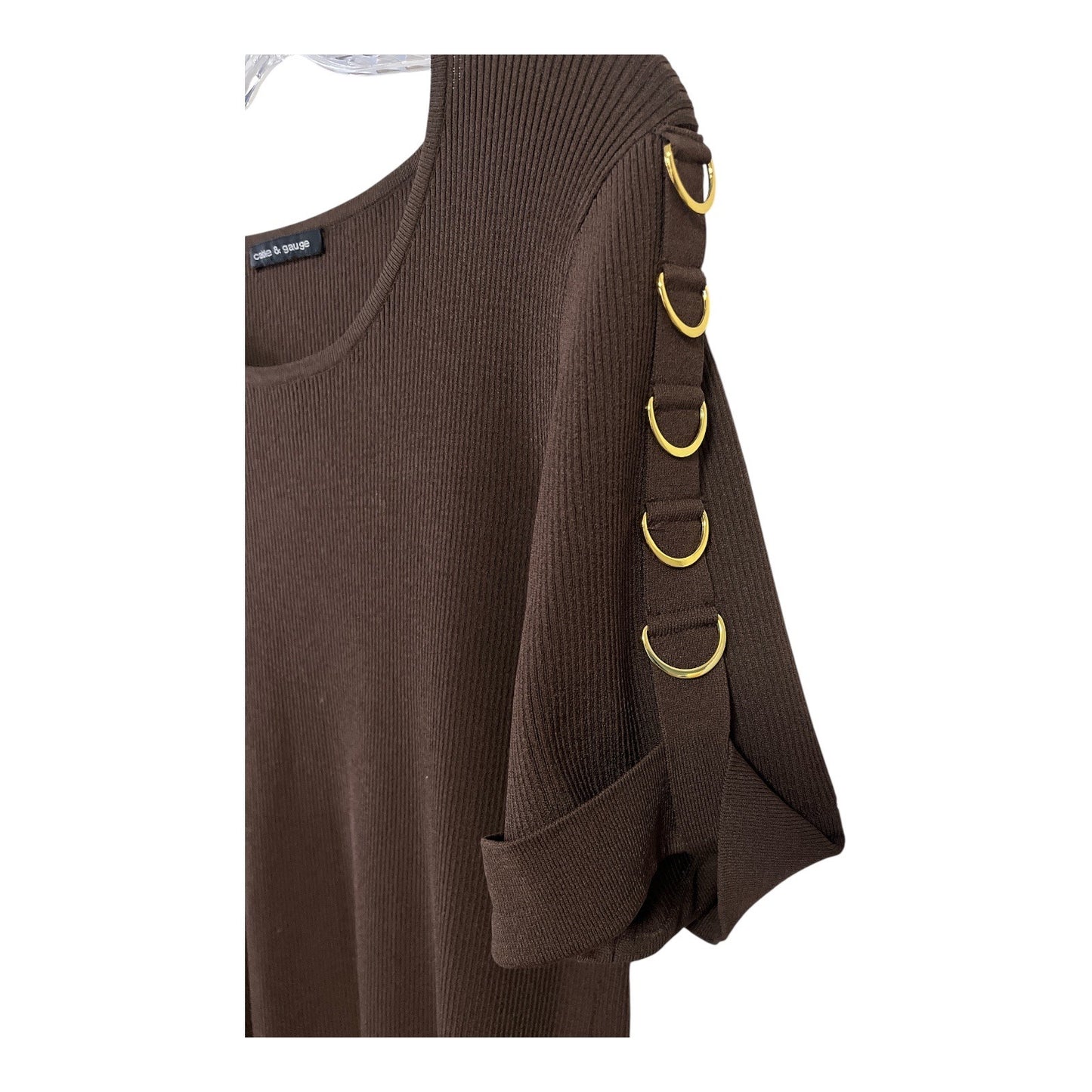 Cable & Gauge Women’s L Brown Ribbed Top – Gold D-Ring Sleeve Detail