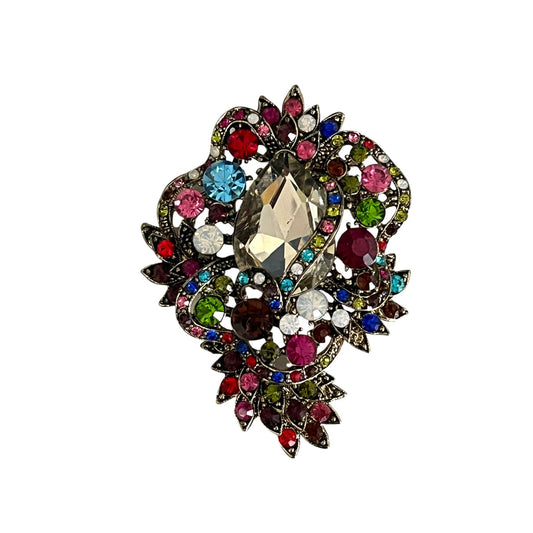 Vintage Style Multicolor Rhinestone Statement Brooch Large 3x2 Floral Scroll Pin