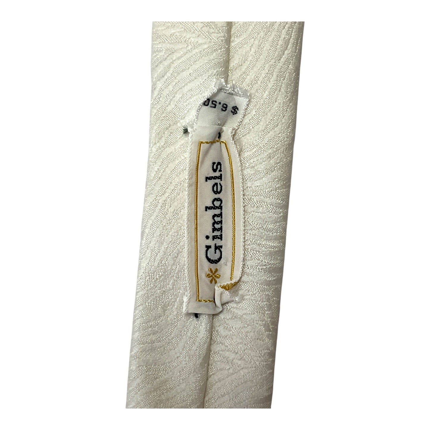 Vintage 1960s–70s Gimbels White Jacquard Wide Tie 55x4 w/ Embroidered Crest
