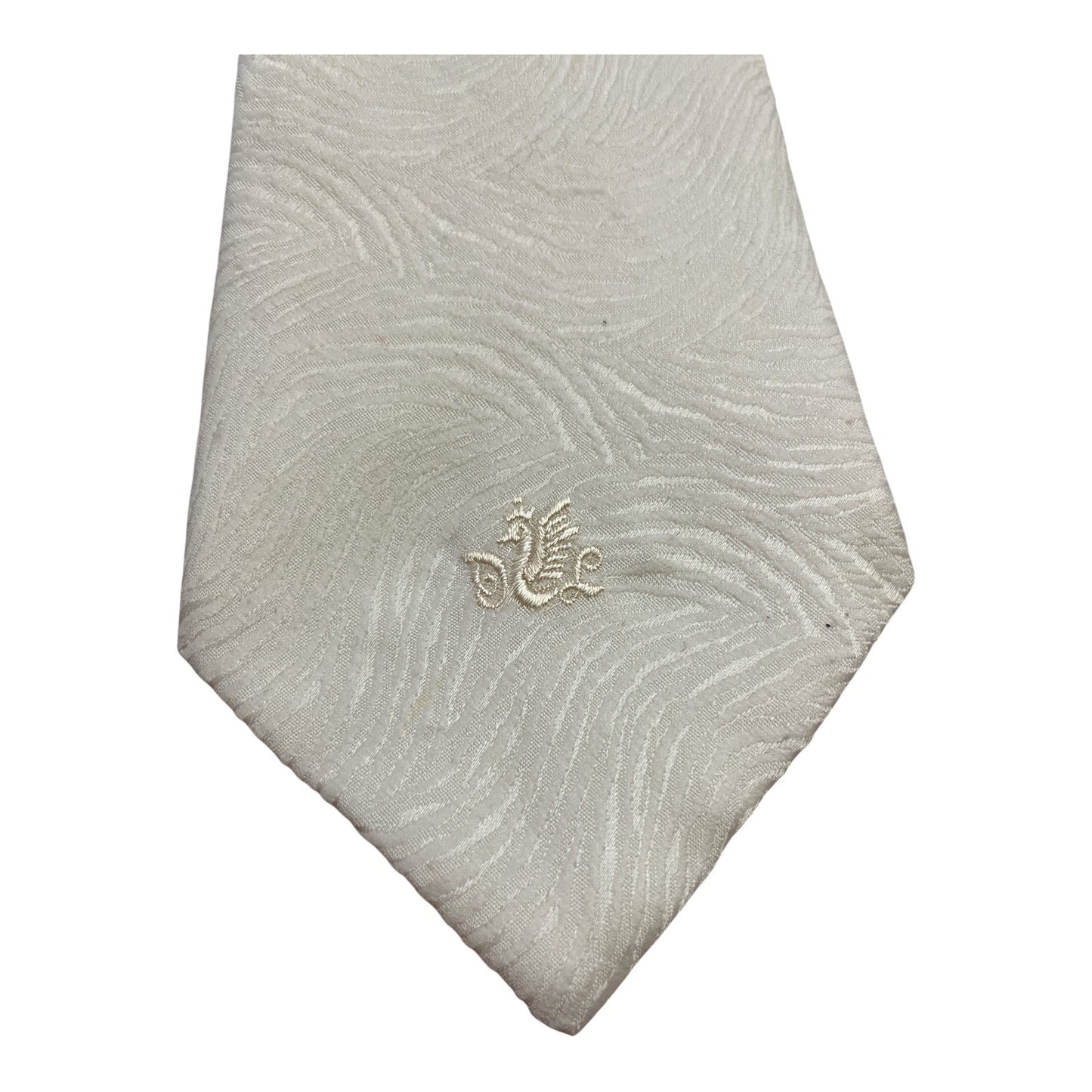 Vintage 1960s–70s Gimbels White Jacquard Wide Tie 55x4 w/ Embroidered Crest