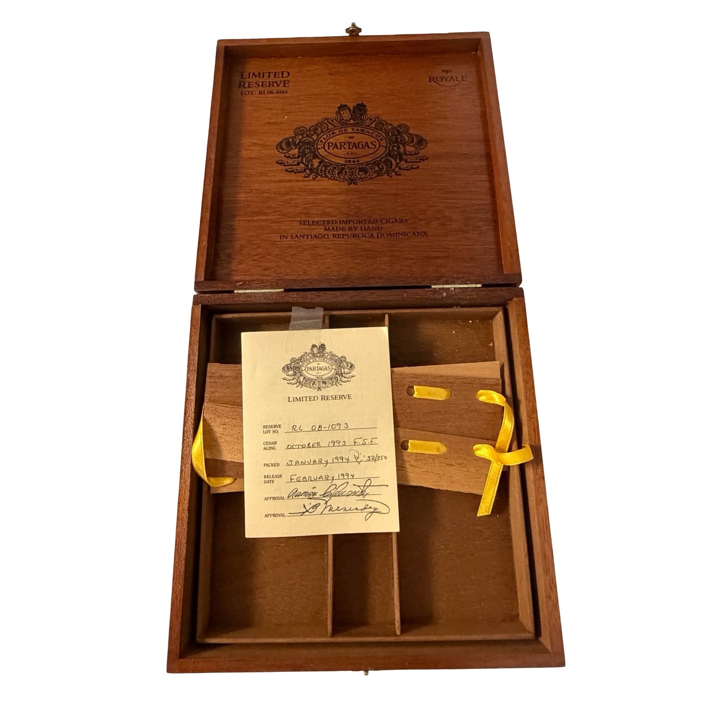 Vintage Partagas Limited Reserve Royale Cigar Box Wooden Humidor Presentation Box w/ Certificate