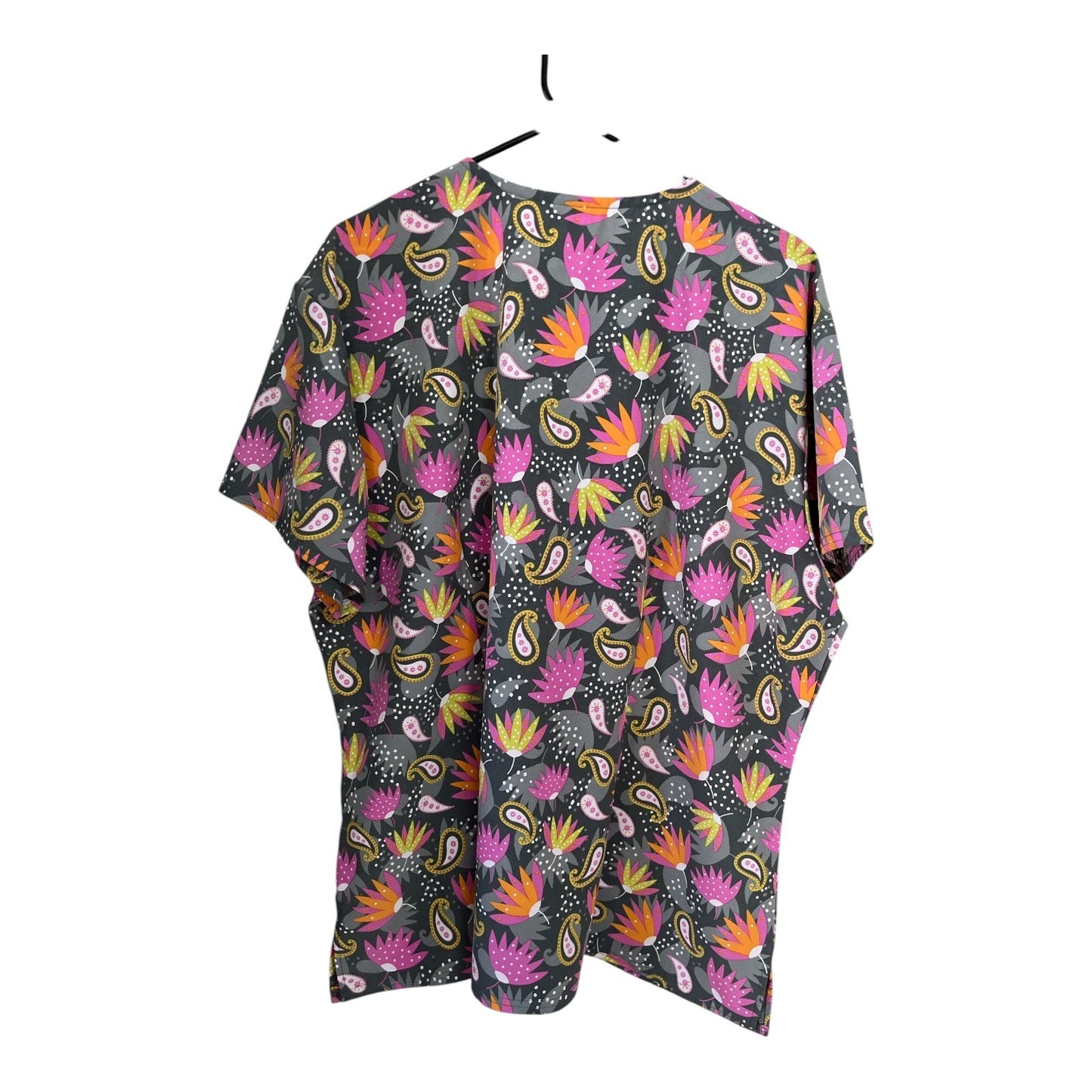 Divine Scrubs Women’s 2X Top – Paisley Floral Print Gray Pink Orange Short Sleeve – RN 142699