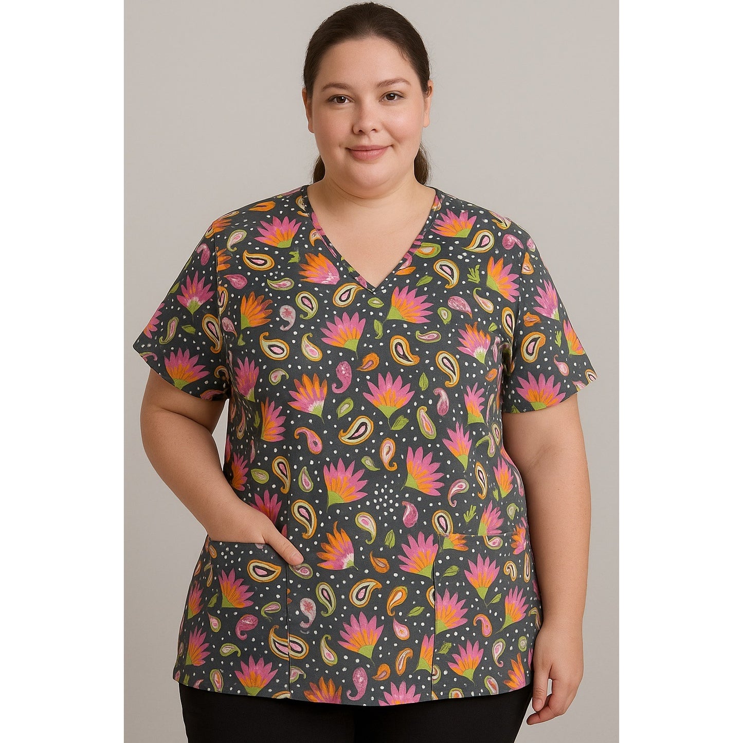 Divine Scrubs Women’s 2X Top – Paisley Floral Print Gray Pink Orange Short Sleeve – RN 142699
