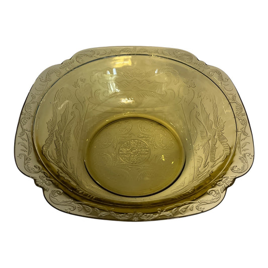 Vintage Amber Depression Glass Embossed Serving Bowl Floral Scroll Pattern