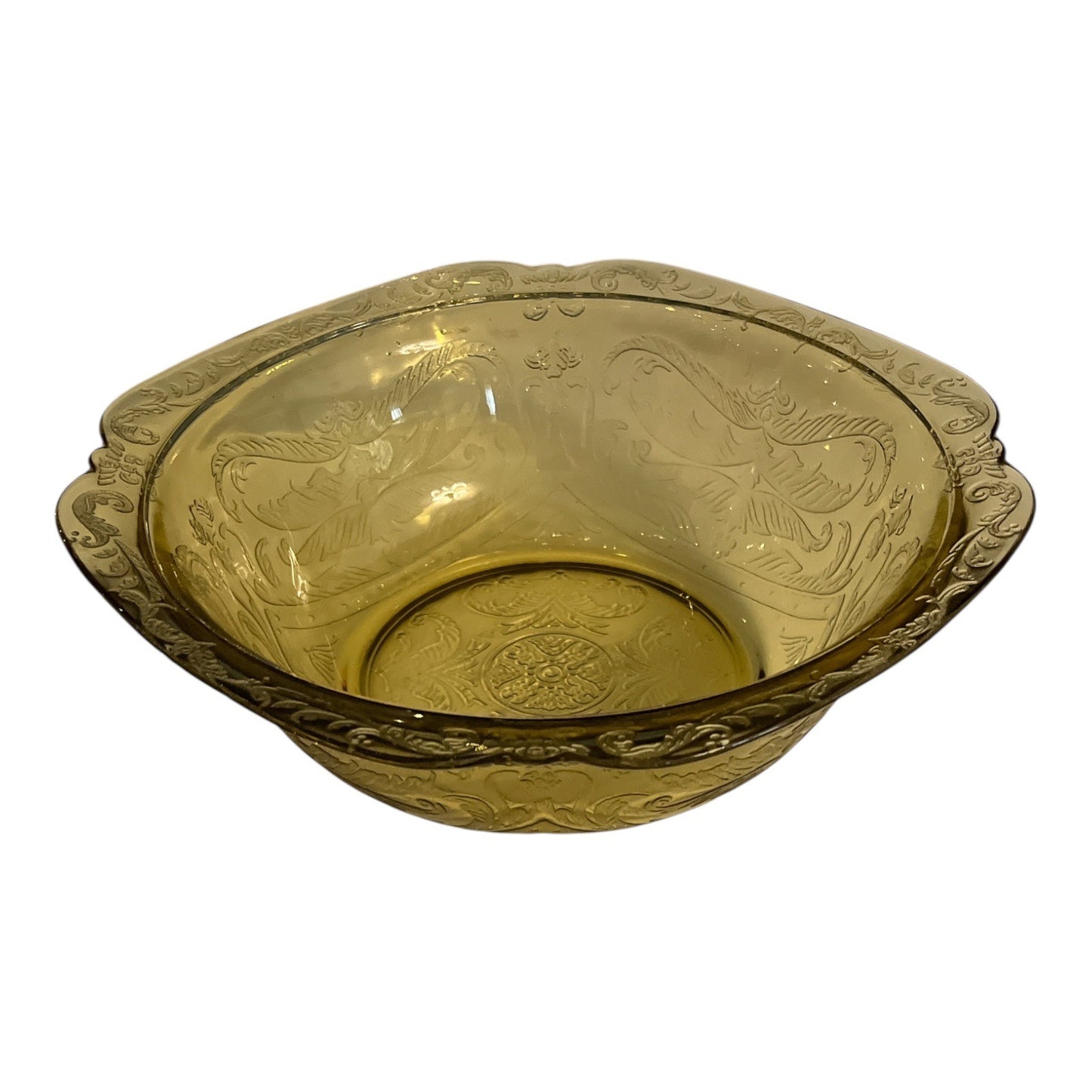 Vintage Amber Depression Glass Embossed Serving Bowl Floral Scroll Pattern