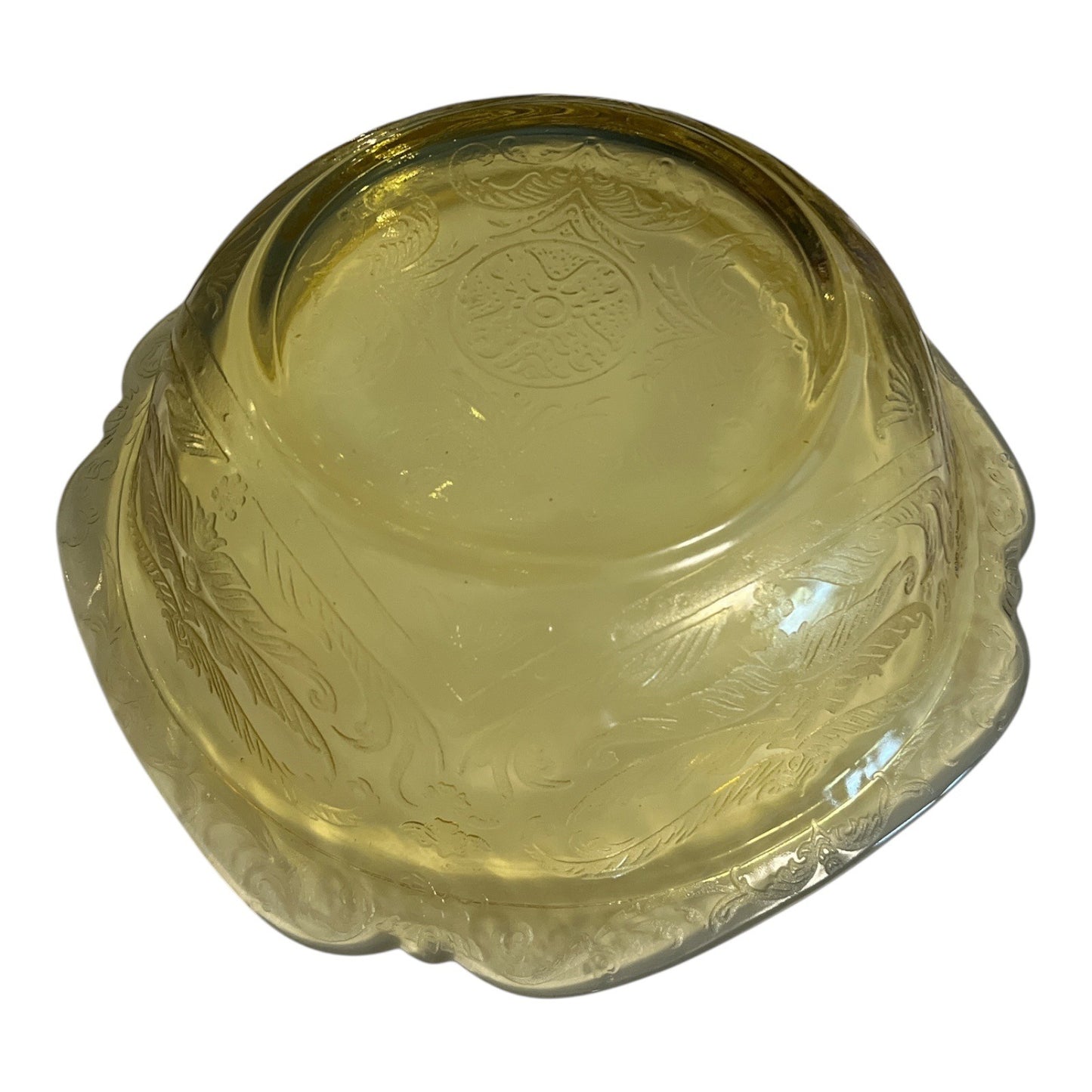 Vintage Amber Depression Glass Embossed Serving Bowl Floral Scroll Pattern