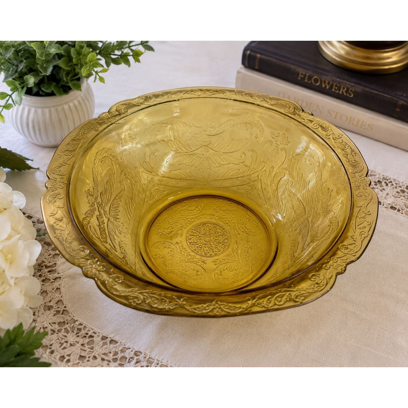 Vintage Amber Depression Glass Embossed Serving Bowl Floral Scroll Pattern