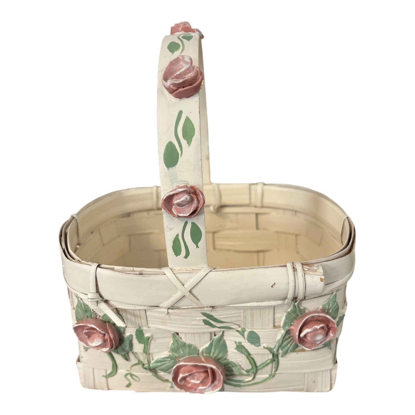 Vintage Woven Basket with Ceramic Roses – Hand-Painted – Made in the Philippines