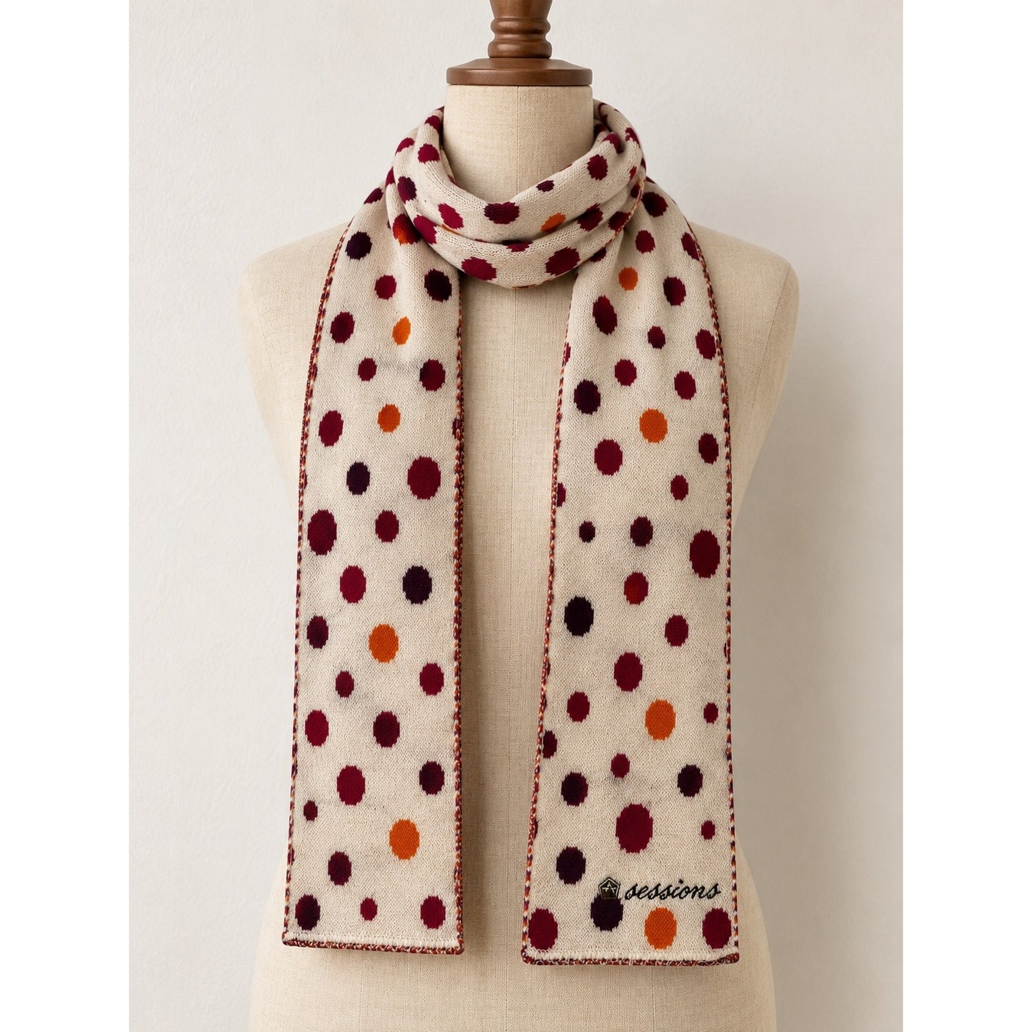 Sessions Y2K Polka Dot Knit Scarf Reversible Burgundy Orange Plum 72 Inch