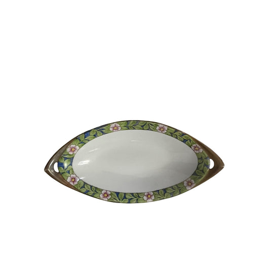 Vintage Nippon Hand Painted Porcelain Relish Dish Floral Oval Serving Bowl Moriage Style
