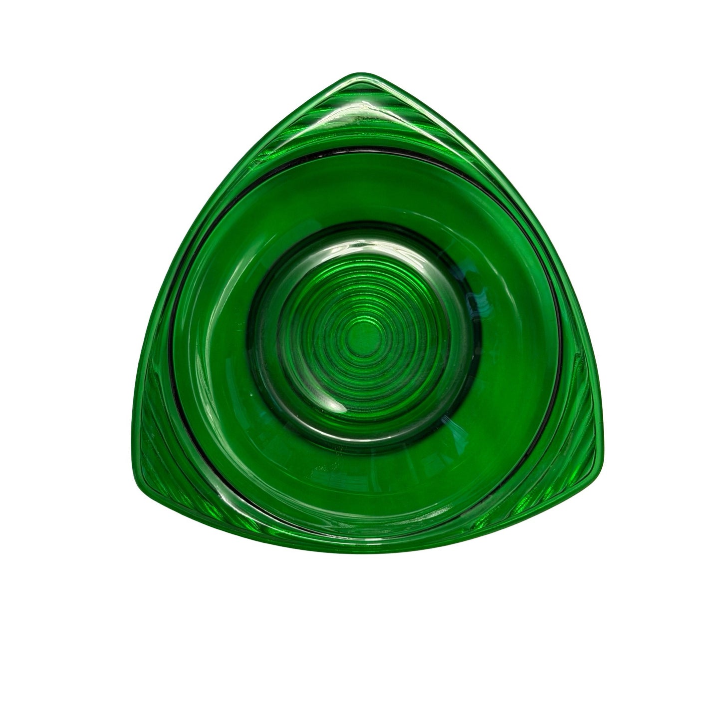 Vintage Green Glass Bowl 6” Triangular Shape Concentric Rings Mid Century Modern