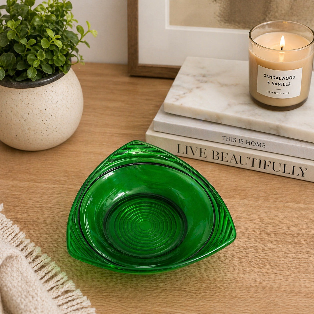 Vintage Green Glass Bowl 6” Triangular Shape Concentric Rings Mid Century Modern