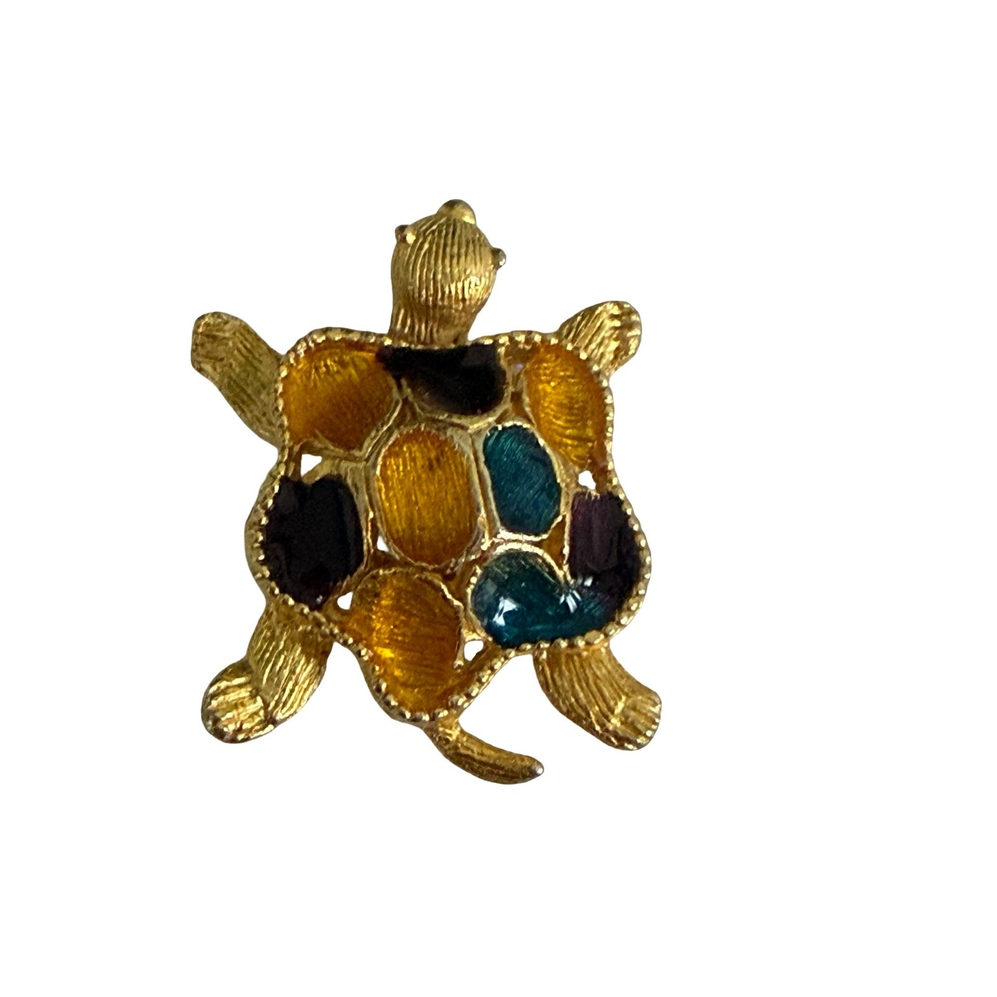 Vintage Gold Tone Sea Turtle Brooch Enamel Shell Blue Amber Green Turtle Pin