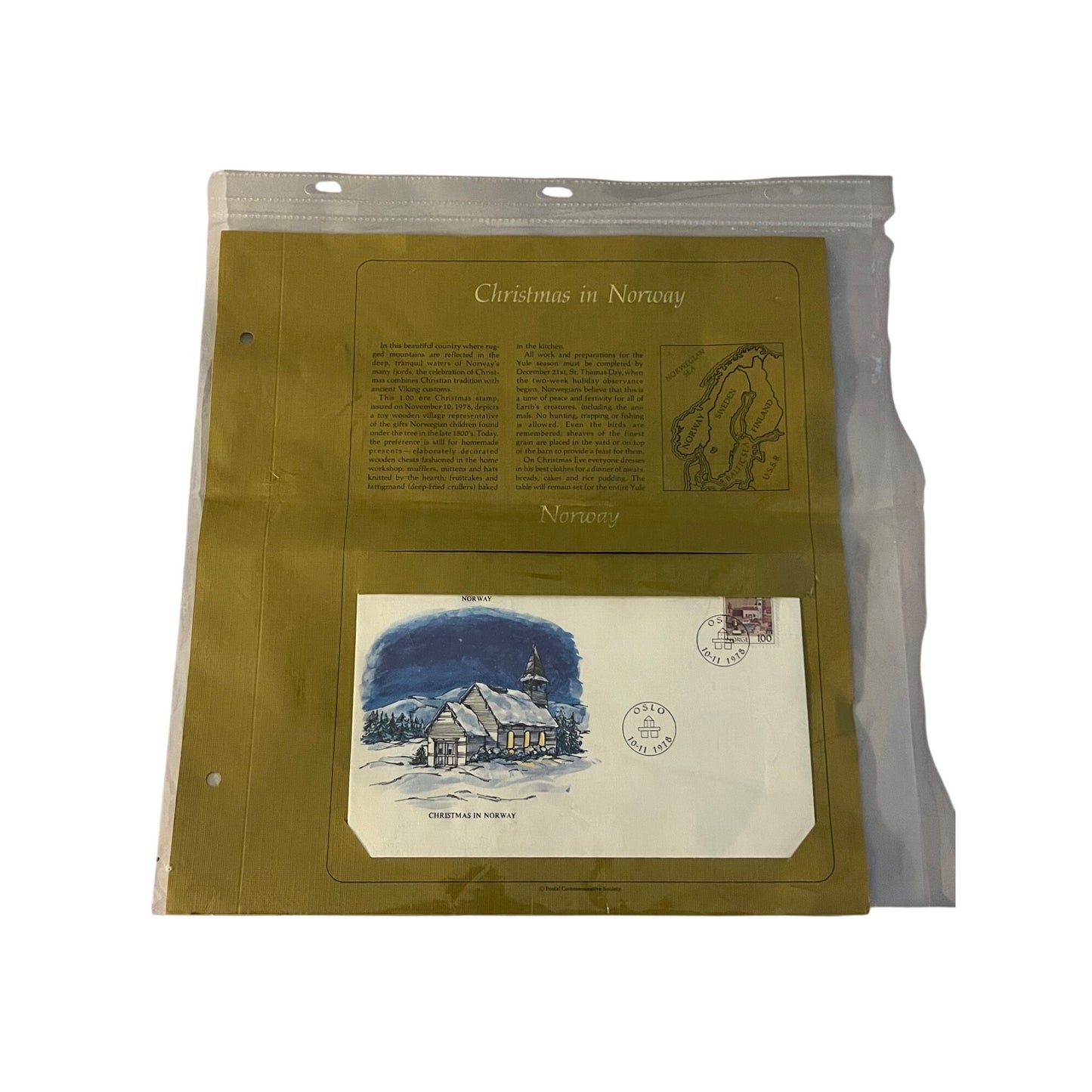 Vintage Christmas in Norway First Day Cover 1978 Oslo Stamp Holiday Cachet Sleeve
