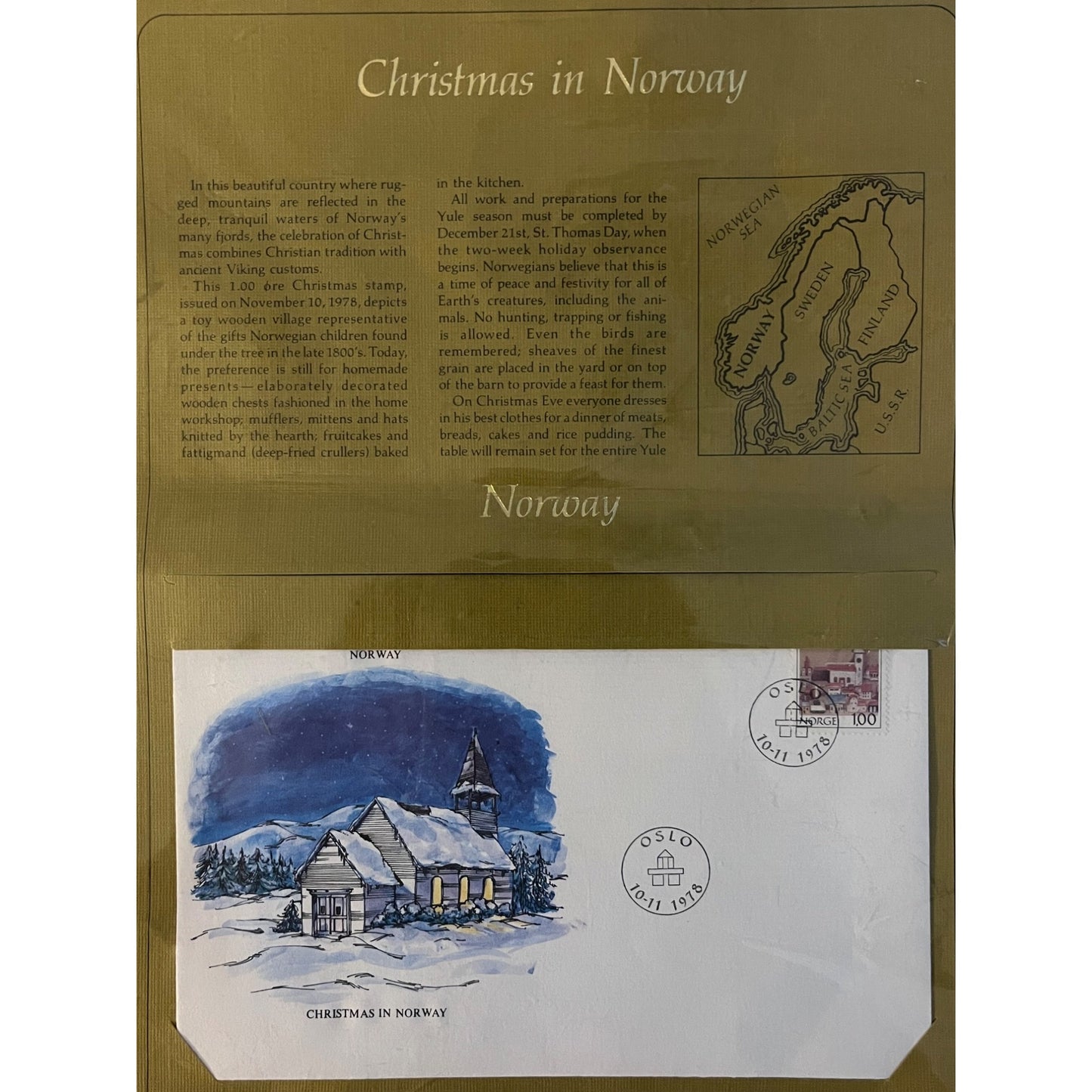 Vintage Christmas in Norway First Day Cover 1978 Oslo Stamp Holiday Cachet Sleeve