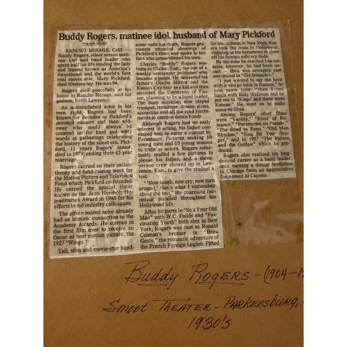 Vintage Buddy Rogers Framed Sepia Portrait Silent Film Star Smoot Theater Parkersburg WV 12x14